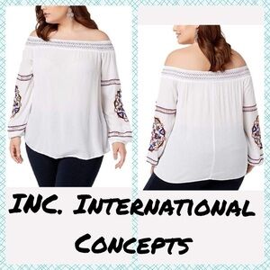 INC Off-The-Shoulder Top Tribal Wheel Embellished